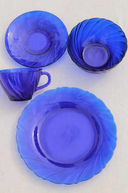photo of vintage cobalt blue glass dishes set for four, Duralex Rivage swirl pattern #5