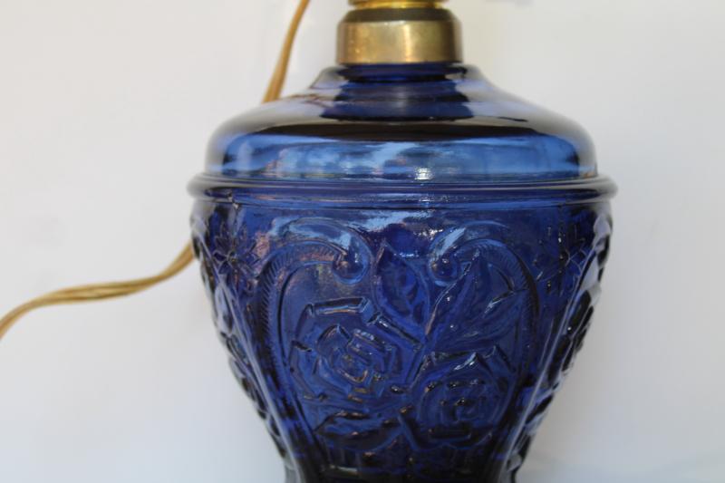 photo of vintage cobalt blue glass kerosene lamp reproduction, hurricane shade electric light #2