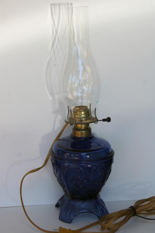 photo of vintage cobalt blue glass kerosene lamp reproduction, hurricane shade electric light #3