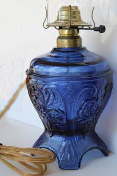 catalog photo of vintage cobalt blue glass kerosene lamp reproduction, hurricane shade electric light