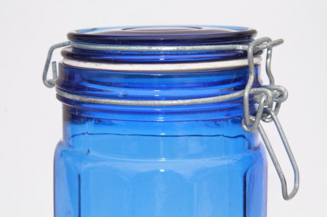 photo of vintage cobalt blue glass kitchen canister, tall spaghetti jar, 80s retro #6