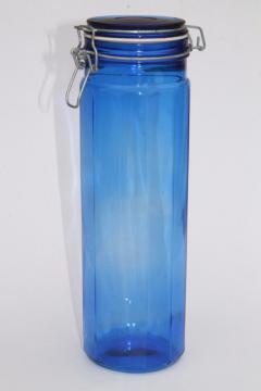 catalog photo of vintage cobalt blue glass kitchen canister, tall spaghetti jar, 80s retro