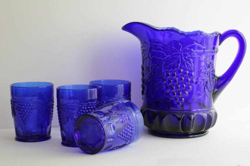 photo of vintage cobalt blue glass lemonade set pitcher & tumblers, Mosser grape & cable pattern #1