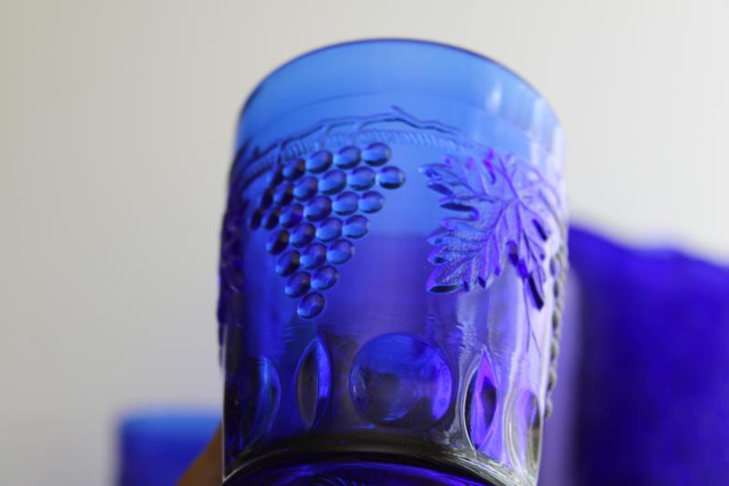 photo of vintage cobalt blue glass lemonade set pitcher & tumblers, Mosser grape & cable pattern #2