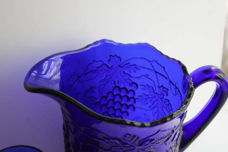 photo of vintage cobalt blue glass lemonade set pitcher & tumblers, Mosser grape & cable pattern #4