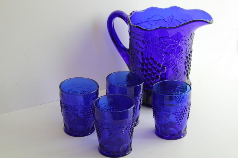 photo of vintage cobalt blue glass lemonade set pitcher & tumblers, Mosser grape & cable pattern #8
