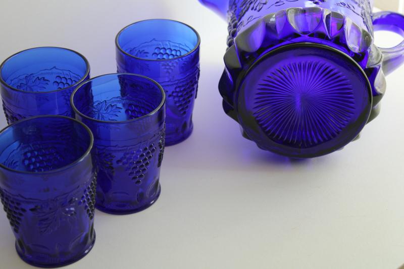photo of vintage cobalt blue glass lemonade set pitcher & tumblers, Mosser grape & cable pattern #9