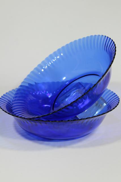 photo of vintage cobalt blue glass salad / serving bowls, fluted pattern Colorex glassware #3