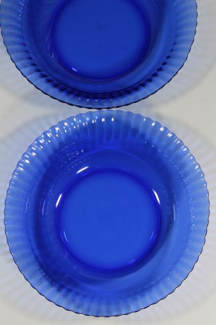 photo of vintage cobalt blue glass salad / serving bowls, fluted pattern Colorex glassware #4