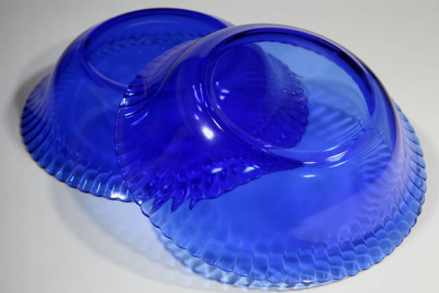 photo of vintage cobalt blue glass salad / serving bowls, fluted pattern Colorex glassware #5