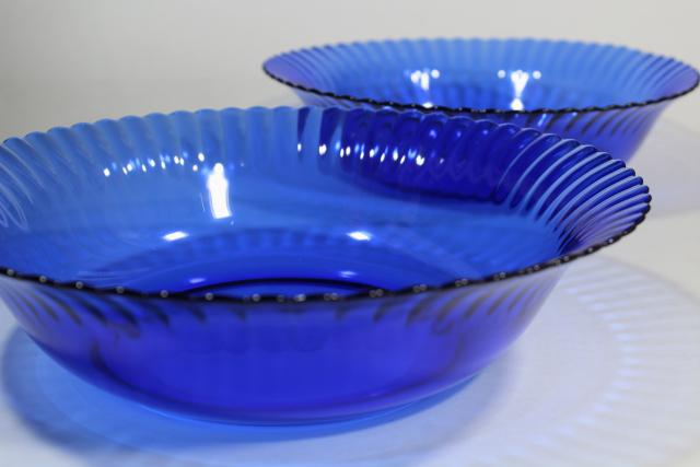 photo of vintage cobalt blue glass salad / serving bowls, fluted pattern Colorex glassware #6
