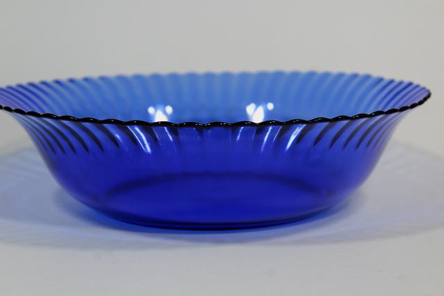 photo of vintage cobalt blue glass salad / serving bowls, fluted pattern Colorex glassware #7