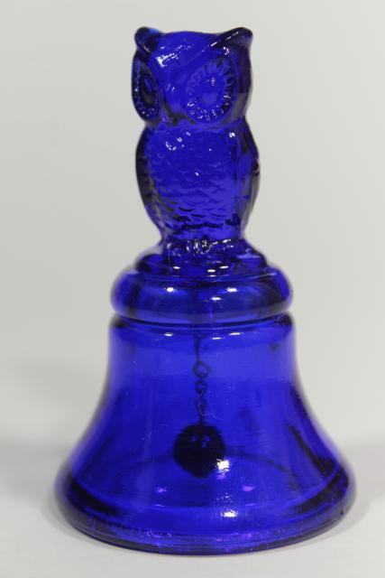 photo of vintage cobalt blue glass table bell w/ owl, Boyd's B mark #1