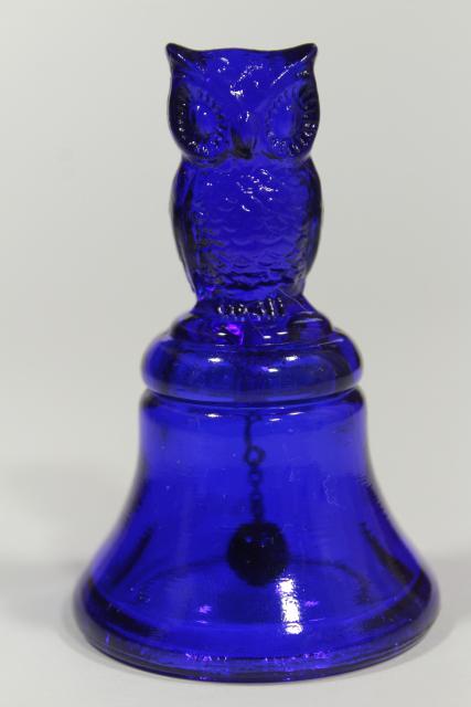 photo of vintage cobalt blue glass table bell w/ owl, Boyd's B mark #2