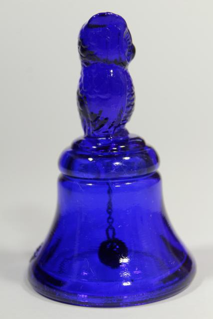 photo of vintage cobalt blue glass table bell w/ owl, Boyd's B mark #3