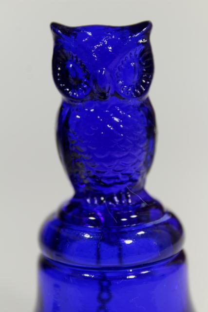 photo of vintage cobalt blue glass table bell w/ owl, Boyd's B mark #4