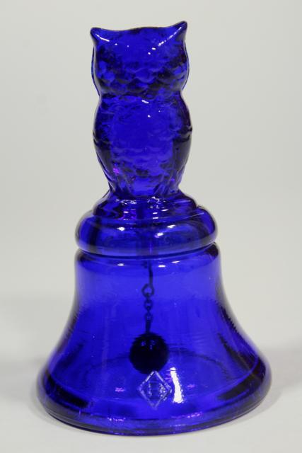 photo of vintage cobalt blue glass table bell w/ owl, Boyd's B mark #5