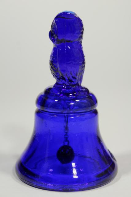 photo of vintage cobalt blue glass table bell w/ owl, Boyd's B mark #6