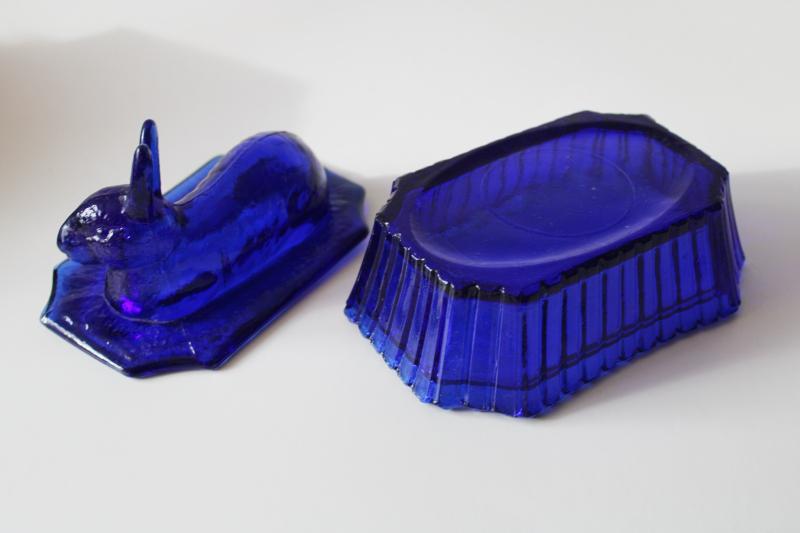 photo of vintage cobalt blue glass trinket box or candy dish w/ rabbit, Easter bunny on nest #3