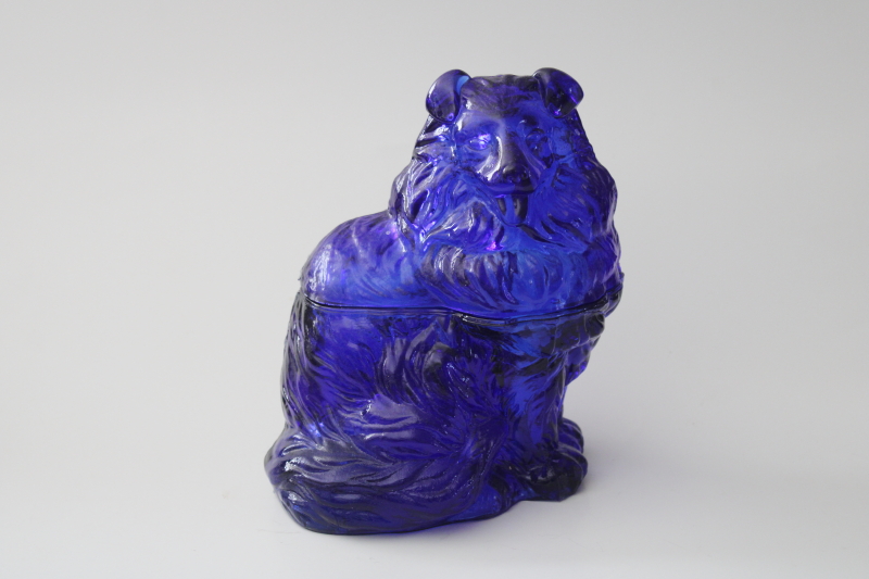 photo of vintage cobalt blue pressed glass collie dog covered dish figural candy or cookie jar #1