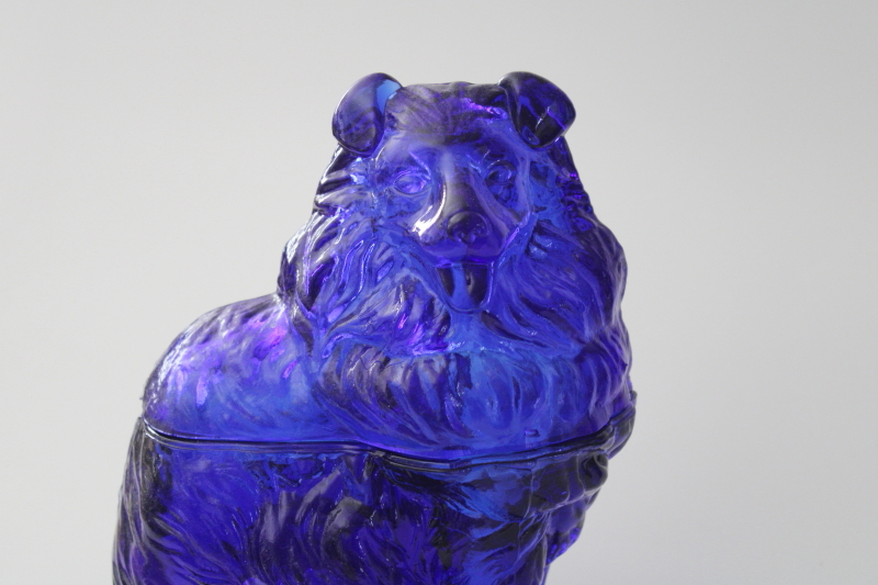 photo of vintage cobalt blue pressed glass collie dog covered dish figural candy or cookie jar #2