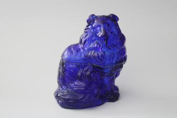 catalog photo of vintage cobalt blue pressed glass collie dog covered dish figural candy or cookie jar