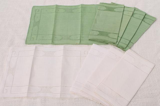 photo of vintage cocktail napkins set, jade green & white cotton w/ madeira embroidery #1