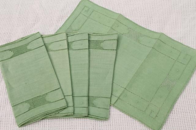 photo of vintage cocktail napkins set, jade green & white cotton w/ madeira embroidery #7