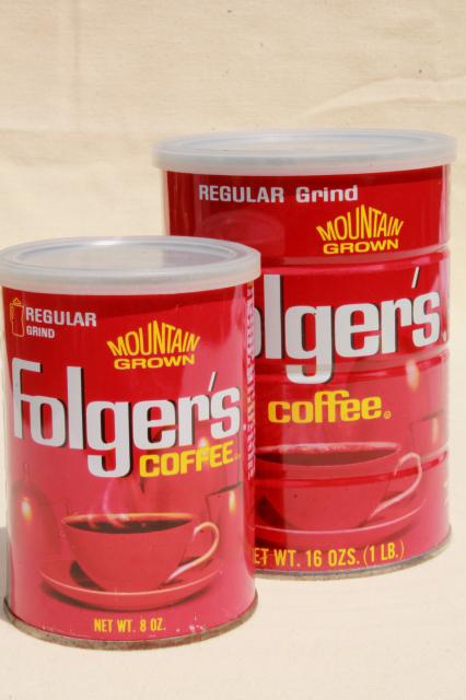 photo of vintage coffee cans, Folger's metal tins w/ plastic lids, advertising coffee can lot #1