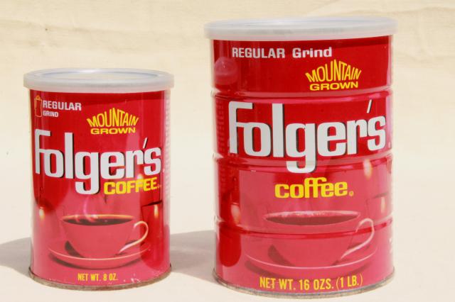 photo of vintage coffee cans, Folger's metal tins w/ plastic lids, advertising coffee can lot #2