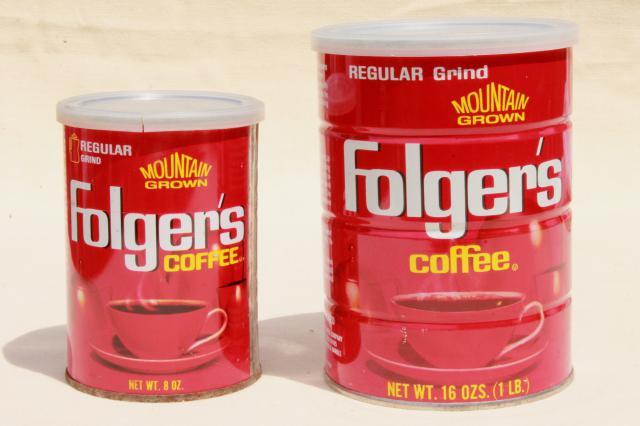 photo of vintage coffee cans, Folger's metal tins w/ plastic lids, advertising coffee can lot #4