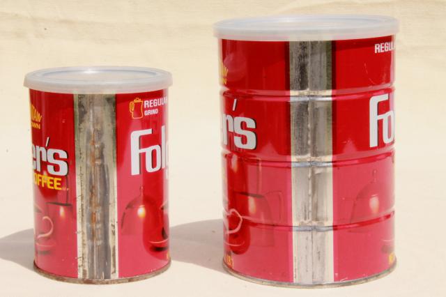 photo of vintage coffee cans, Folger's metal tins w/ plastic lids, advertising coffee can lot #5