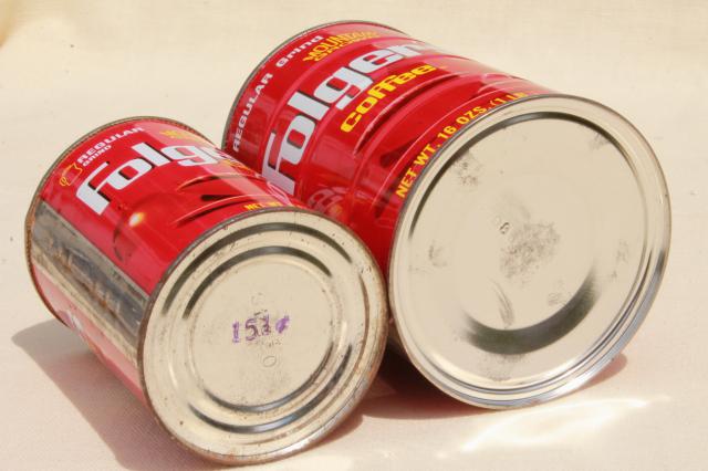 photo of vintage coffee cans, Folger's metal tins w/ plastic lids, advertising coffee can lot #7