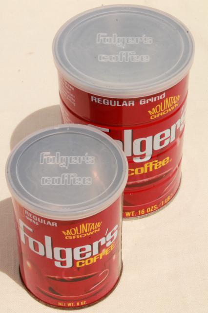 photo of vintage coffee cans, Folger's metal tins w/ plastic lids, advertising coffee can lot #8