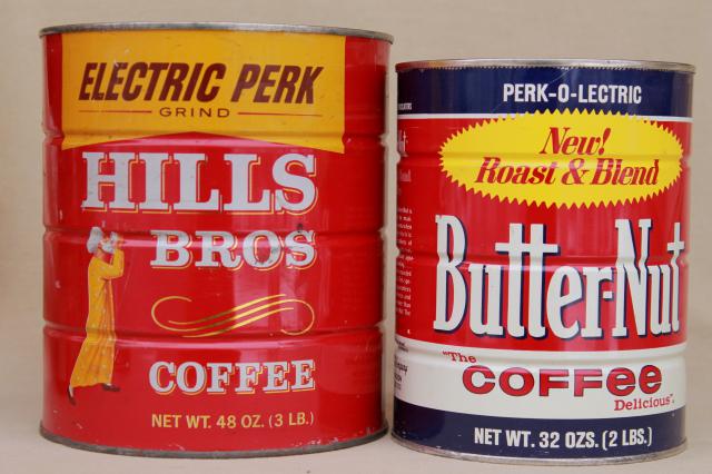 photo of vintage coffee cans, metal tins w/ old advertising Hills Bros & Butter-Nut coffee #7