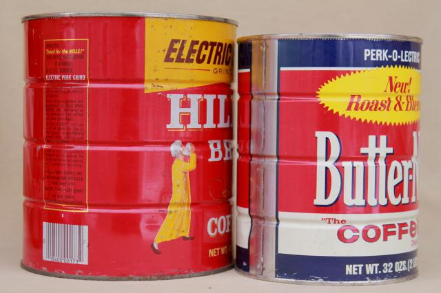 photo of vintage coffee cans, metal tins w/ old advertising Hills Bros & Butter-Nut coffee #8