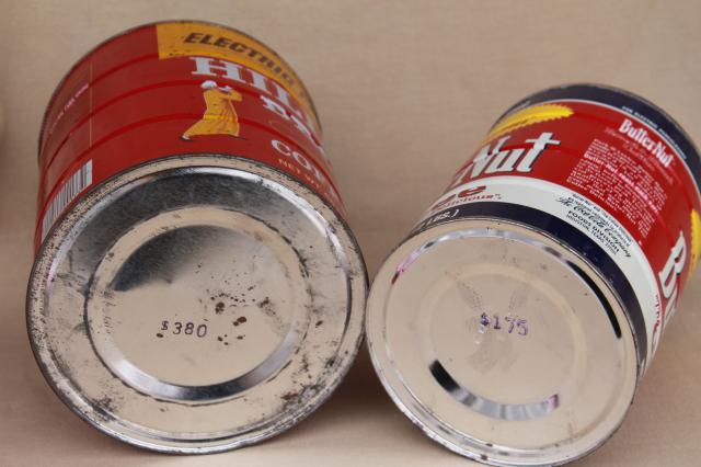 photo of vintage coffee cans, metal tins w/ old advertising Hills Bros & Butter-Nut coffee #10