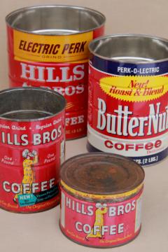 catalog photo of vintage coffee cans, metal tins w/ old advertising Hills Bros & Butter-Nut coffee