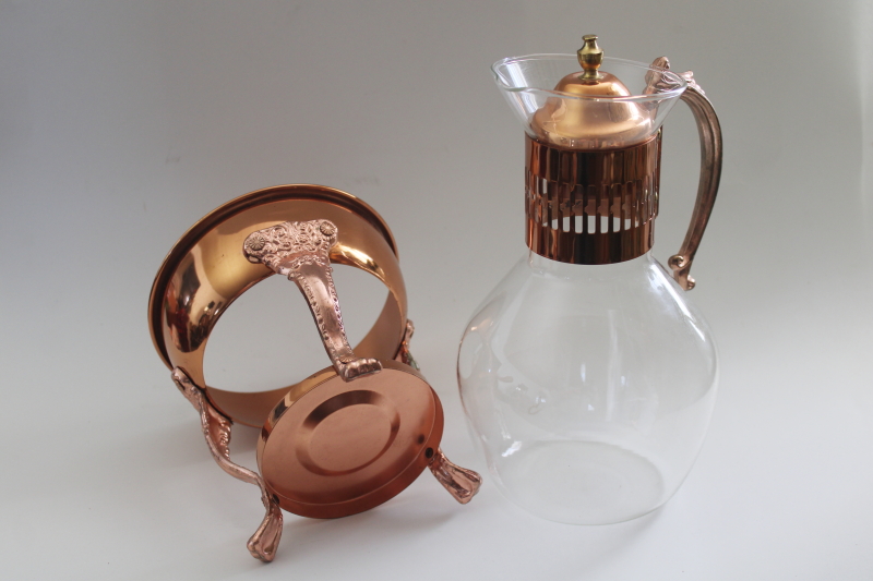 photo of vintage coffee carafe w/ copper plated stand, candle warmer w/ Corning glass pitcher  #9