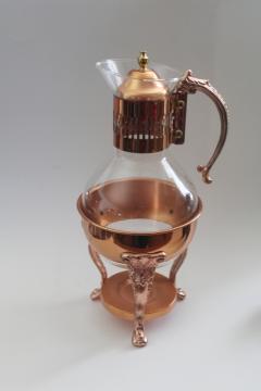 vintage coffee carafe w/ copper plated stand, candle warmer w/ Corning glass pitcher 