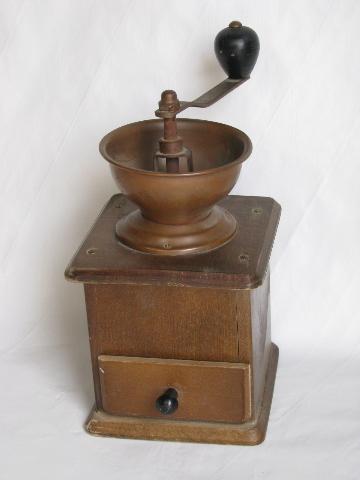 photo of vintage coffee grinder, old-fashioned hand-crank mill w/ wood drawer, copper bin #1