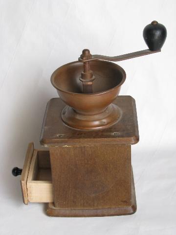 photo of vintage coffee grinder, old-fashioned hand-crank mill w/ wood drawer, copper bin #2