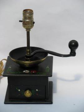 catalog photo of vintage coffee mill table lamp, made to look like old coffee grinder