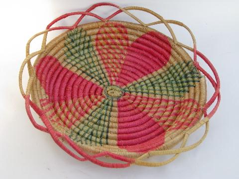 photo of vintage coiled basketry sewing basket, Indian souvenir from Mexico #1