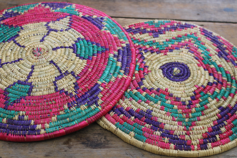 photo of vintage coiled grass basket placemats w/ southwest style designs, six mats & trivet #4