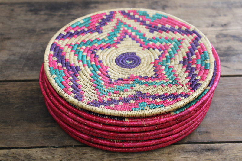 photo of vintage coiled grass basket placemats w/ southwest style designs, six mats & trivet #8