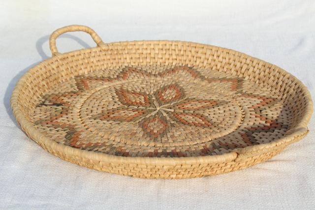 photo of vintage coiled woven grass basket tray, rustic modern bohemian wall hanging #1