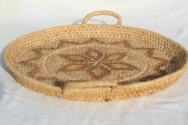 photo of vintage coiled woven grass basket tray, rustic modern bohemian wall hanging #5