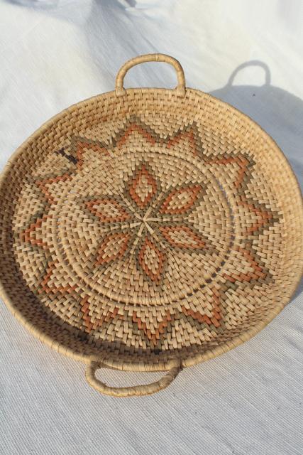 photo of vintage coiled woven grass basket tray, rustic modern bohemian wall hanging #6