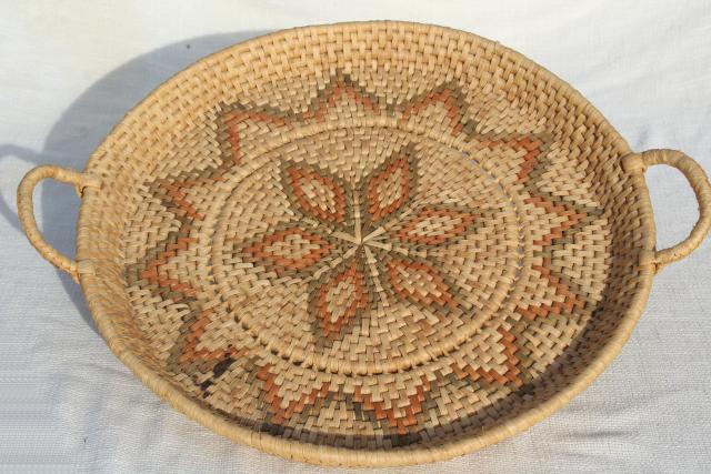 photo of vintage coiled woven grass basket tray, rustic modern bohemian wall hanging #7